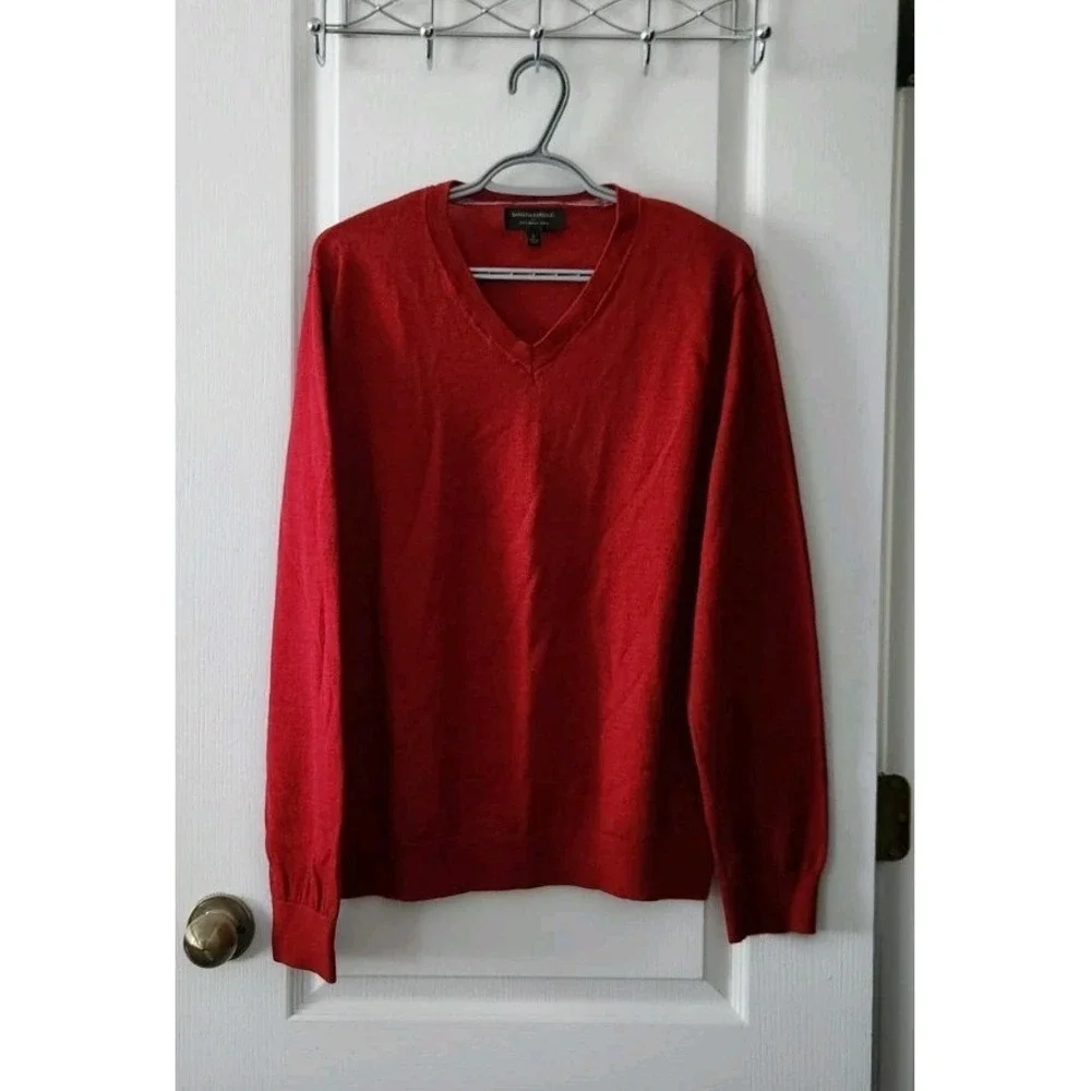 Banana Republic 100%‎ Merino Wool Red Sweater Men's V Neck Preppy Office Size L